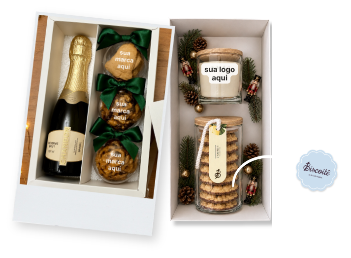 Kits de fim de ano com espumante, biscoitos e vela personalizados com a sua marca